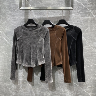 T恤女高级感丝绒短款 高级感丝绒26春季 款 长袖 上衣 打底衫