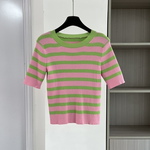 减龄修身 女2025早秋新款 显瘦撞色上衣 T恤衫 美工复古条纹圆领短袖