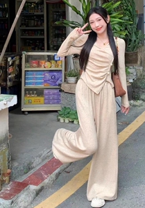 韩系洋气减龄针织套装女秋季新款不规则开叉上衣休闲阔腿裤两件套