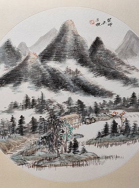 三尺斗方山水画国画纯手绘卡纸画
