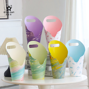 流星雨ins油画风圆形手提花盒鲜花冰淇淋花束包装盒花艺插花材料