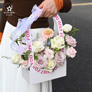 三八女神节简约英文手提花盒鲜花包装盒花束包花插花空盒花艺材料