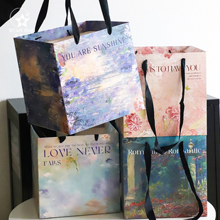 流星雨熙梦花园油画风手提袋鲜花花束礼物礼品包装袋子花艺材料
