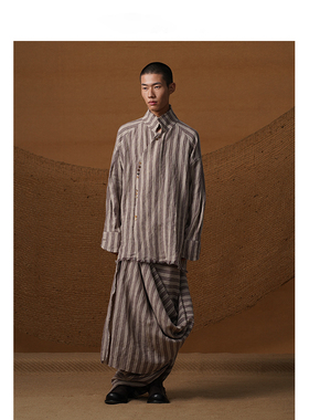 【MORIN KHUUR设计师品牌】斜门襟立领亚麻条纹毛边设计衬衫外套