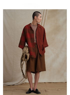 【MORIN KHUUR设计师品牌】男女格纹褶皱拼接宽松短袖亚麻衬衫
