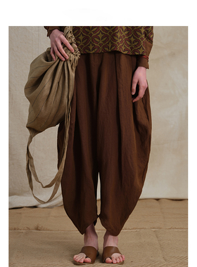 【MORIN KHUUR设计师品牌】男女宽松亚麻弧线裁剪褶皱灯笼裤长裤