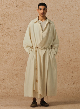 【MORIN KHUUR牧仁】米白色立体提花拼接宽松大裙摆长款薄外套