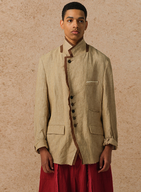 【MORIN KHUUR 牧仁】手缝线汉麻立领毛边设计西装外套