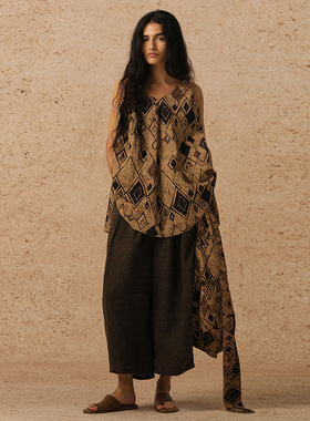 【MORIN KHUUR 牧仁】手绘菱形印花棉麻纽结短吊带