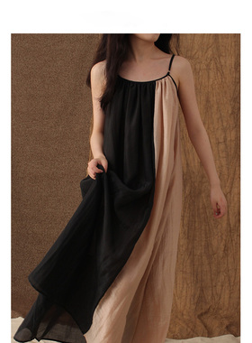 【MORIN KHUUR 设计师品牌】拼色拼接薄款天丝A字宽松吊带连衣裙