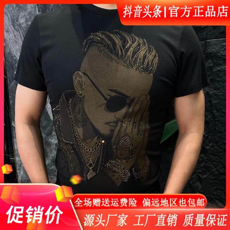 绅度轩服饰LMVQ2026新款烫钻印花男人头男士夏季休闲修身圆领短袖