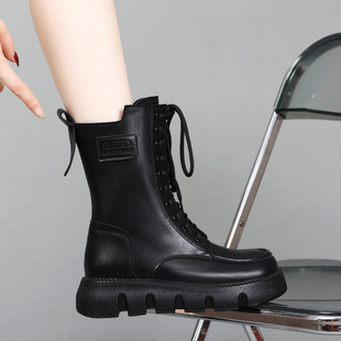 复古厚底马丁靴女2025新款冬季加绒中筒靴增高显瘦高筒短靴大码41