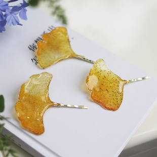 天然银杏，秋冬文艺复古风棕色树叶森系发饰叶子发夹侧边刘海夹