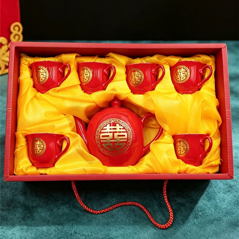 红色喜字陶瓷婚庆改口敬茶套装