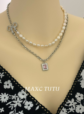 MAXC设计天然巴洛克异形珍珠项链女蝴蝶结粉锆吊坠OT扣包金毛衣链