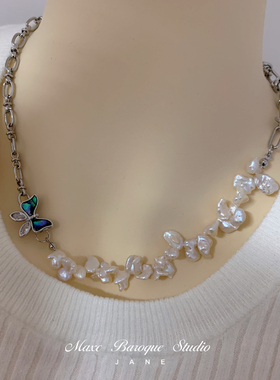 MAXC设计意大利彩贝蝴蝶天然异形花瓣珍珠项链女锁骨链高级貌美女