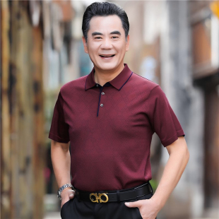 中老年男士短袖冰丝翻领t恤红色喜公公爸爸婚宴装结婚礼服Polo衫