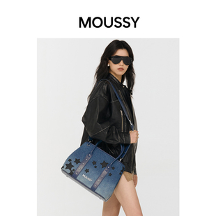 MOUSSY星辰童梦牛仔星星贴布绣水桶包牛仔朋克风手提斜挎包