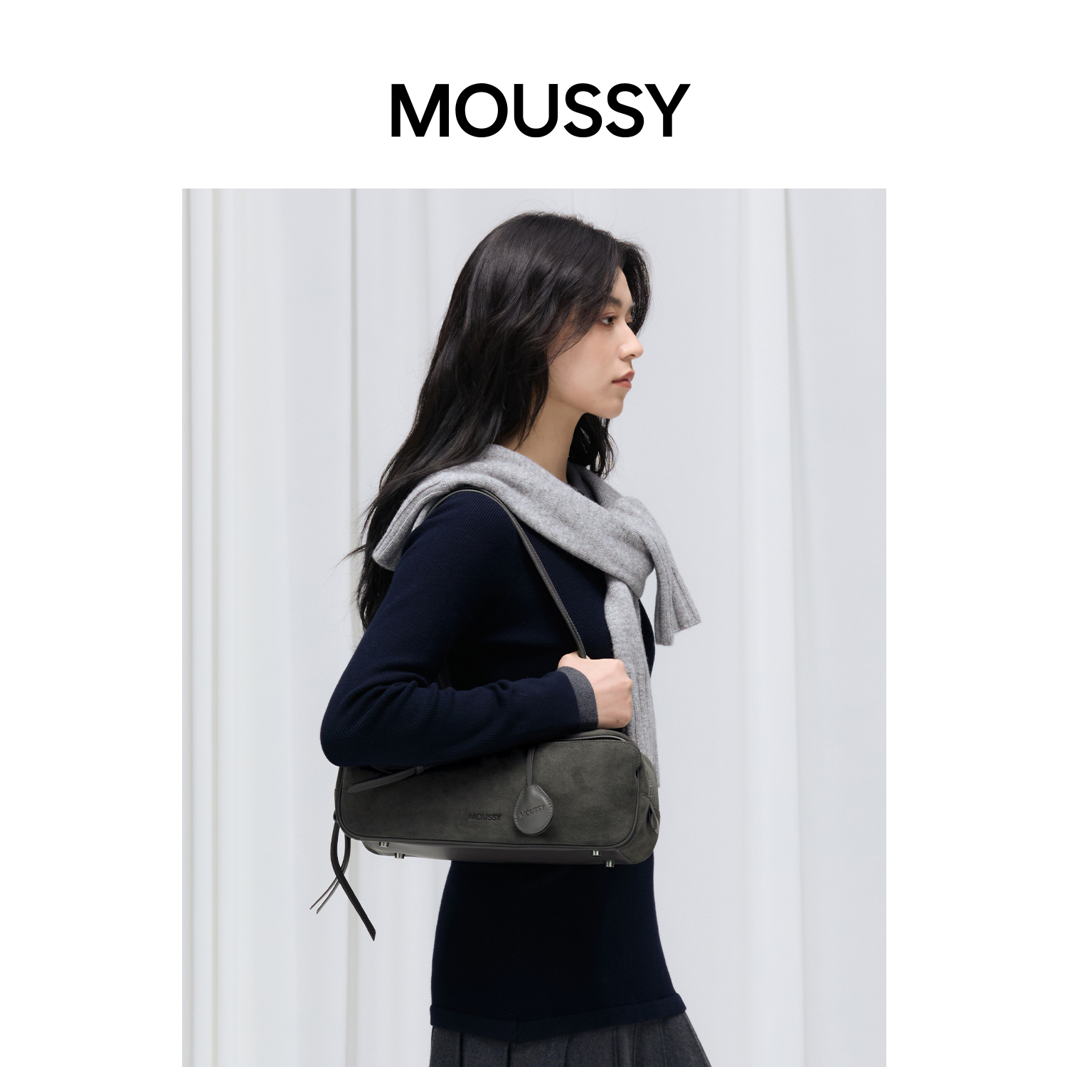 MOUSSY牛皮法棍包真皮腋下单肩