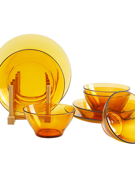 法国进口DURALEX多莱斯4人8件玻璃餐具餐盘碗饭双耳碗平盘大碗