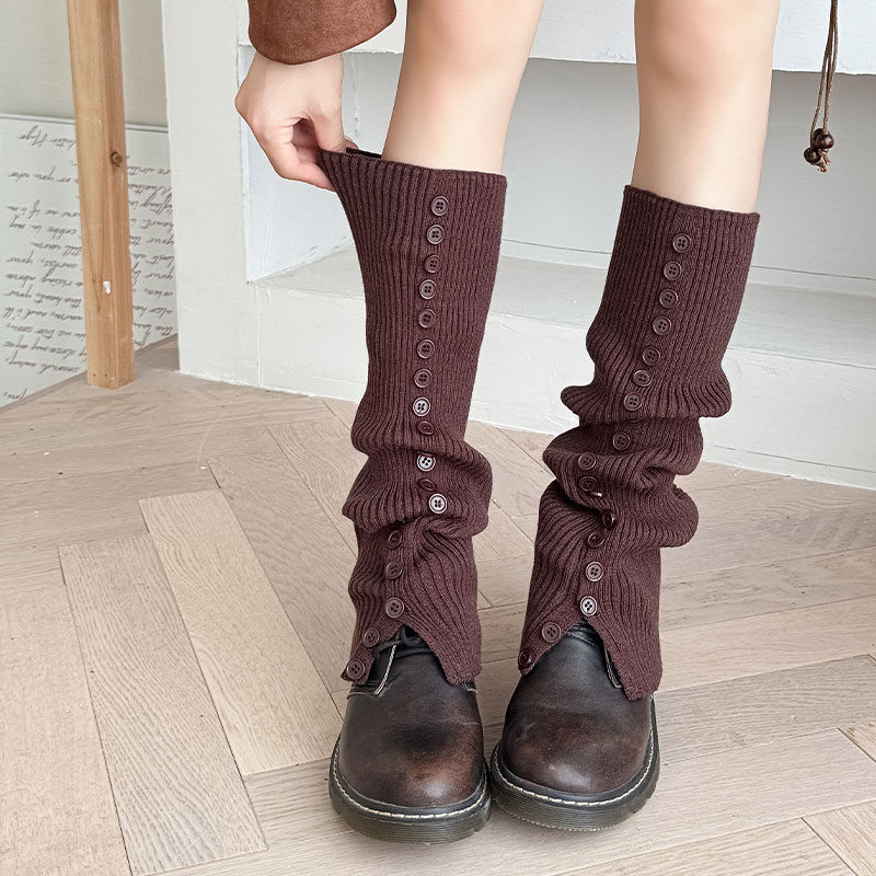 时髦甜酷风纽扣装饰小腿套个性开叉微喇长筒袜显瘦竖纹高帮堆堆袜