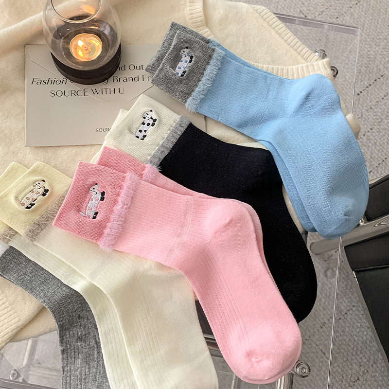 春秋款拼色竖纹学院风外穿长筒袜