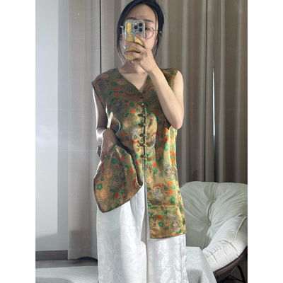 真丝香云纱对襟上衣中长款无袖V领桑蚕丝衬衫新中式国风背心女