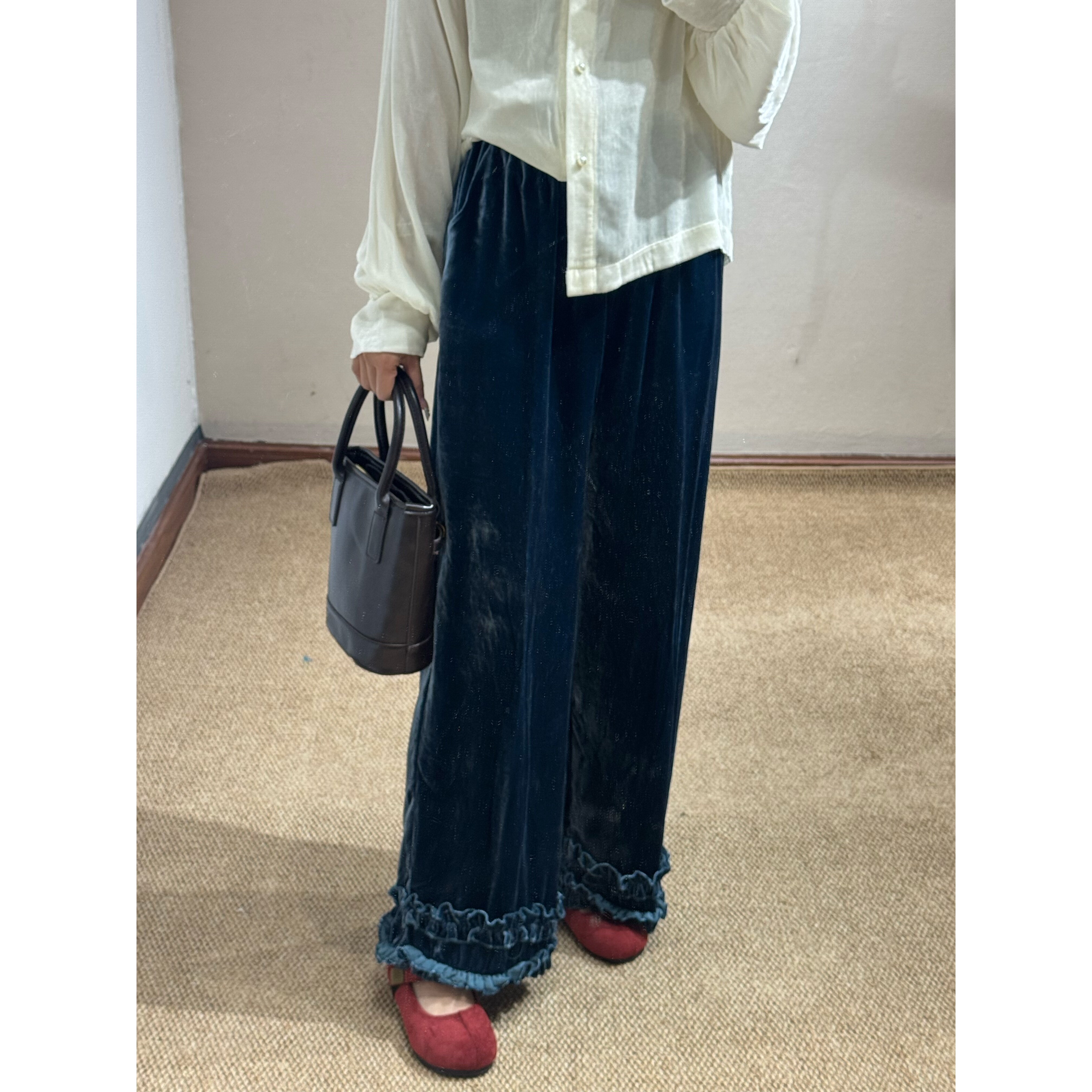 真丝丝绒立体木耳边鎏光直筒花边裤桑蚕丝洋气时尚宽松显瘦休闲裤