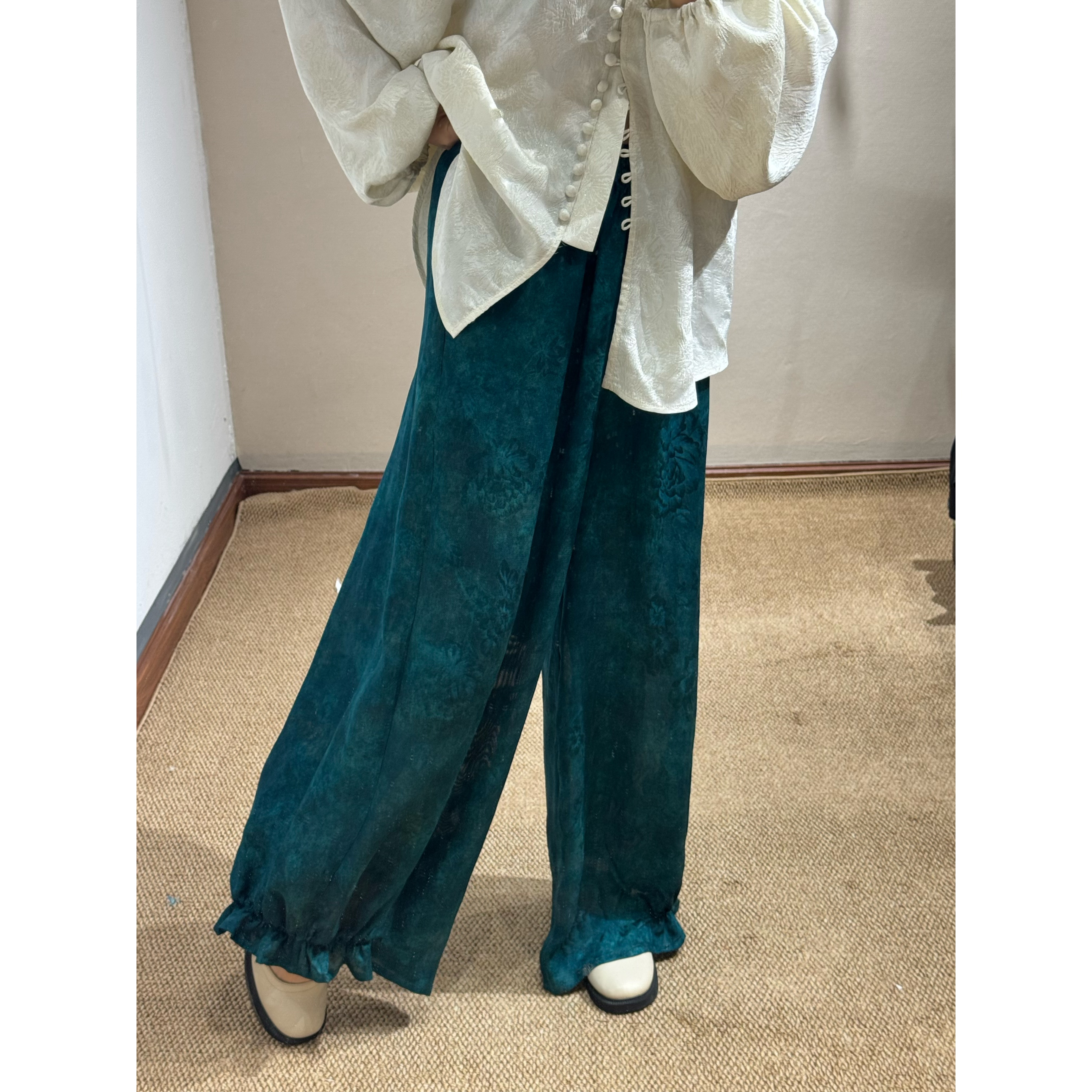 桑蚕丝香云纱花边大脚裤真丝新中裤子