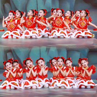 儿童喜庆中国红演出服男女童幼儿太平鼓舞蹈裙灯笼梦娃打鼓表演服