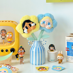 ins风蓝色条纹花瓶哭娃毛绒花束装饰现代简约家居桌面摆件小礼物