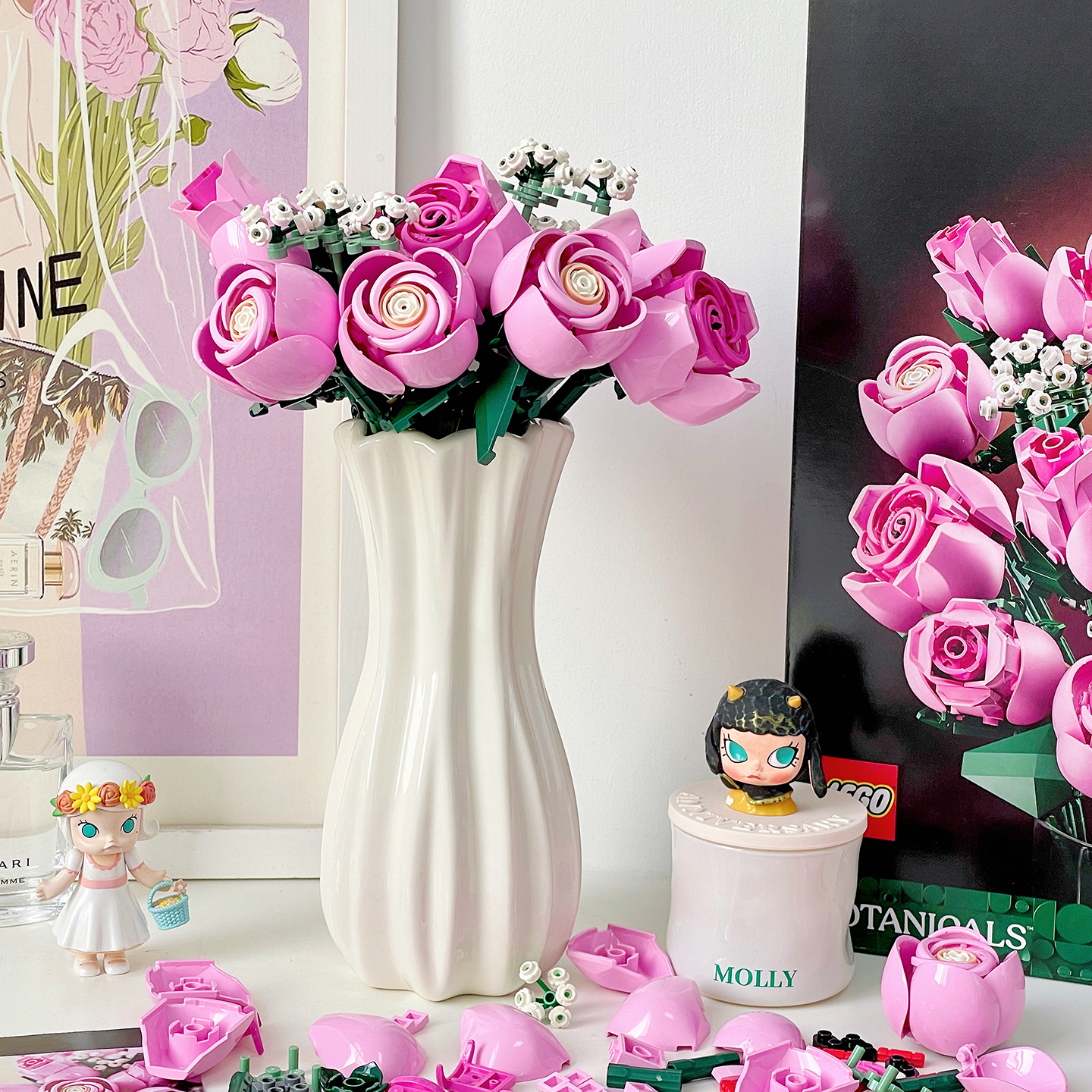 粉色玫瑰积木花束陶瓷花瓶摆件