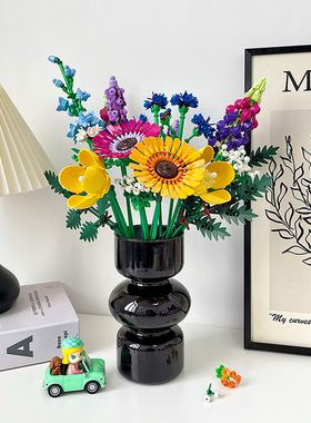 中古黑色玻璃花瓶乐高玫瑰积木花10313插花简约客厅装饰桌面摆件