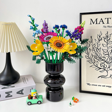 中古黑色玻璃花瓶乐高玫瑰积木花10313插花简约客厅装饰桌面摆件