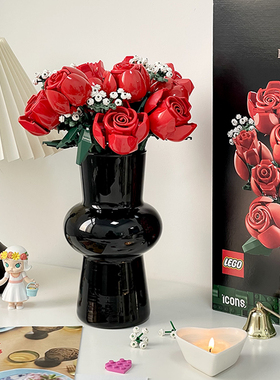 乐高玫瑰积木花束法式黑色花瓶 情人节520礼物 桌面装饰摆件