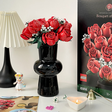 乐高玫瑰积木花束法式黑色花瓶 情人节520礼物 桌面装饰摆件