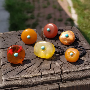 老蜜蜡手编线绳款戒指复古清新大气波罗的海俄料小墩扣子女士学生