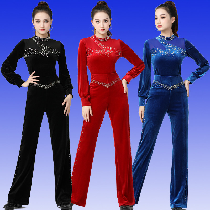 吉特巴新款舞蹈服秋冬丝绒长袖舞服三步踩烫钻表演服广场舞演出服