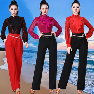 新款亮片摩登舞上衣吉特巴小高领跳舞服荷叶边广场舞上衣交谊舞服