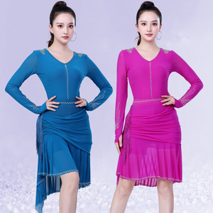 吉特巴舞蹈服新款网纱连裆跳舞服勾指显瘦新潮点帕斯舞服广场舞服