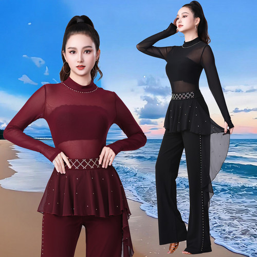 新款吉特巴舞蹈服连裆款广场舞上衣小高领网纱新潮舞服点帕斯服装