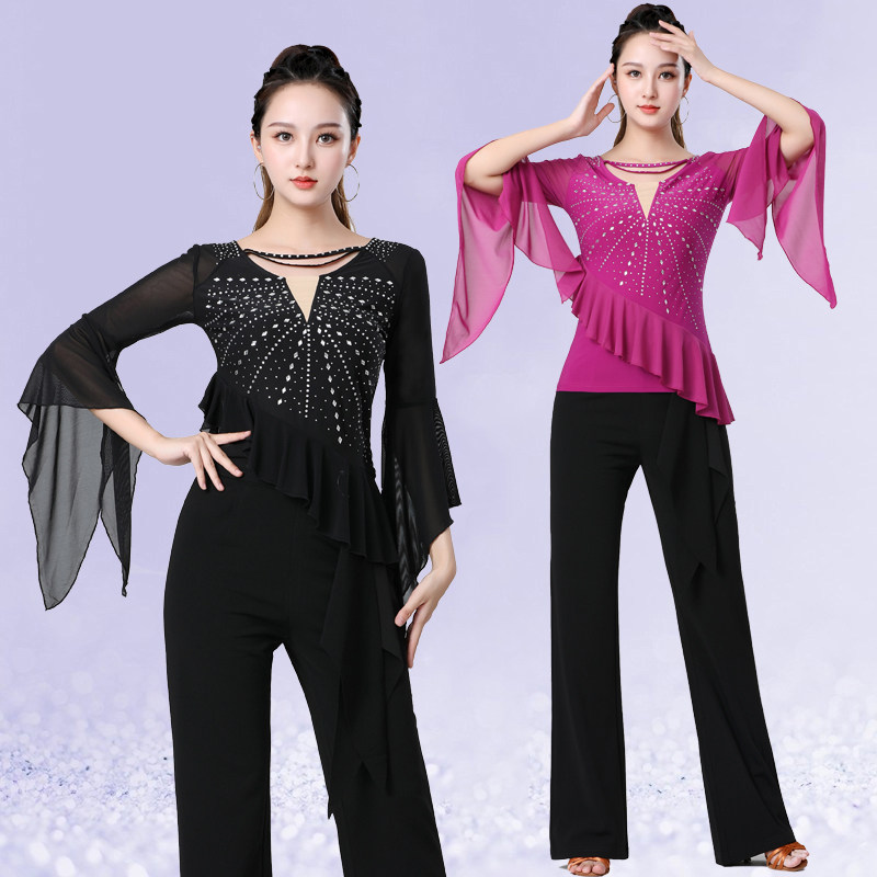 吉特巴舞蹈服装新款烫钻舞服飞飞袖广场舞上衣三步踩跳舞服表演服