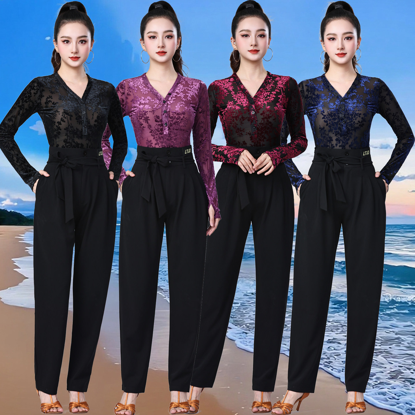 吉特巴舞蹈服新款提花广场舞上衣高密网纱摩登舞表演服大三跳舞服