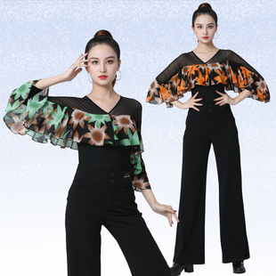 吉特巴舞蹈服新款网纱印花上衣拉丁舞飞边舞蹈服双V领广场舞服装
