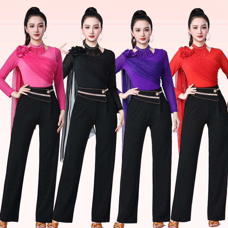 新款拉丁舞服女式网纱拼接飘逸立领烫钻长袖吉特巴广场舞演出上衣