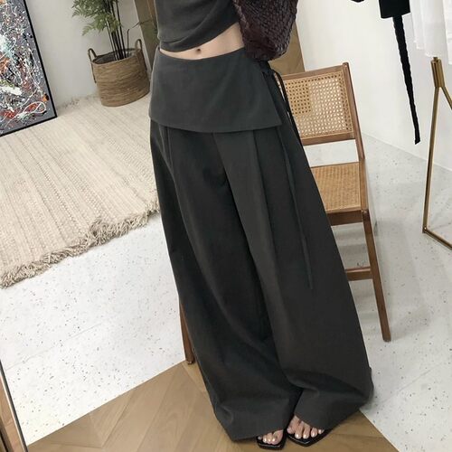韩系假两件屁帘阔腿裤女春夏季2026新款高腰宽松显瘦直筒休闲裤子