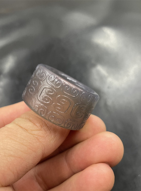 华夏美玉 天然灰玛瑙扳指 灰色回纹雕花玛瑙扳指 指环 特价