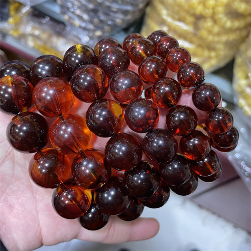 华夏美玉 优化二代金丝琥珀圆珠手链 深红色琥珀蜜蜡手串 特价