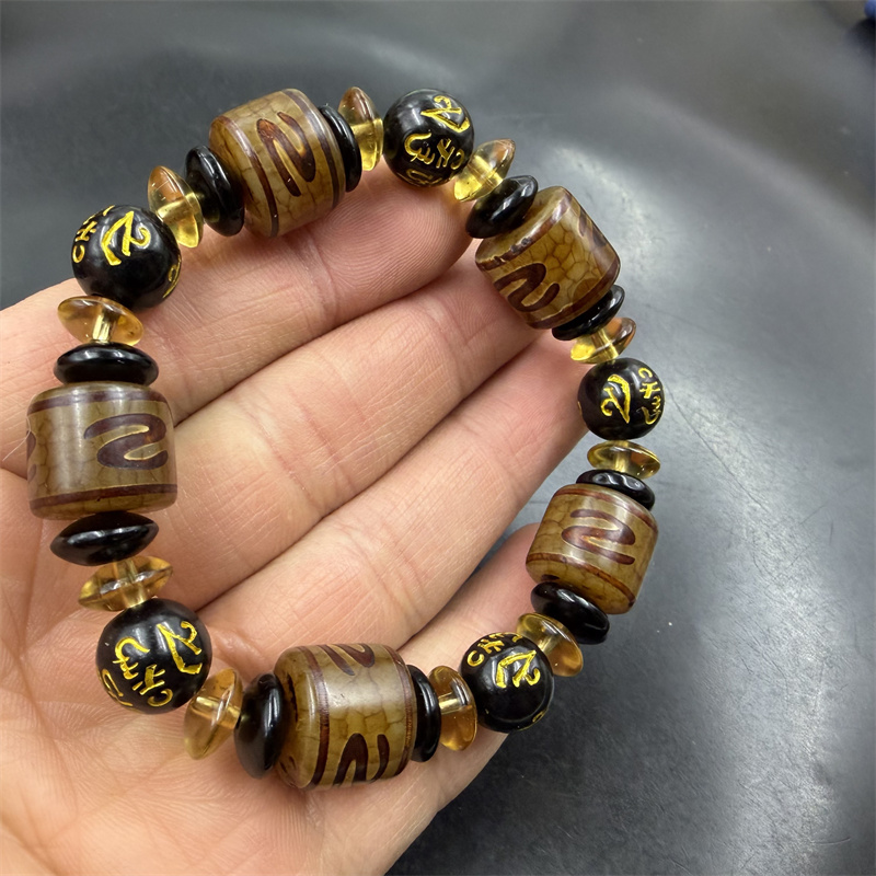 华夏美玉 复古做旧S勾天珠玛瑙筒珠手链 老型珠手串