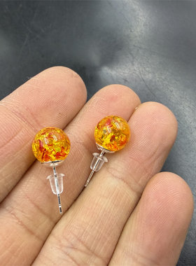 华夏美玉 优化二代花珀圆珠耳针 女款耳钉 耳饰